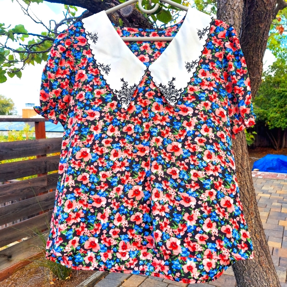 Floral Embroidered Peter Pan Collar Retro Cottagecore Blouse